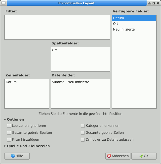 Dialogfenster zum Erstellen der Pivot-Tabelle