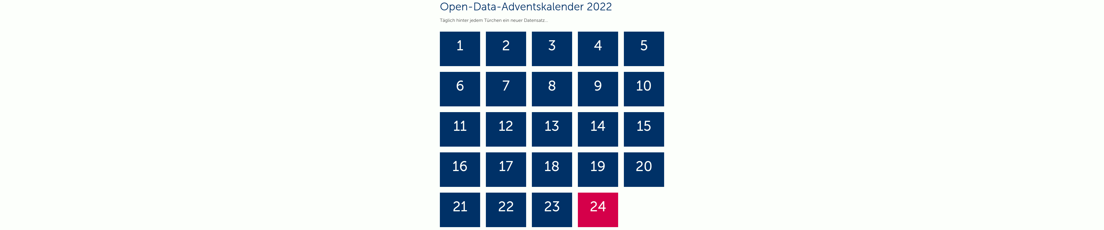 Bildschirmfoto des Open-Data-Adventskalender 2022: 23 blaue Rechtecke von 1 bis 23 durchnummeriert und ein rotes Rechteck mit der Zahl 24