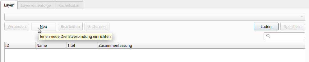 Fenster der Datenquellenverwaltung in QGIS, Tab &amp;ldquo;Layer&amp;rdquo;. Der Mauszeiger steht über dem Knopf &amp;ldquo;Neu&amp;rdquo;.