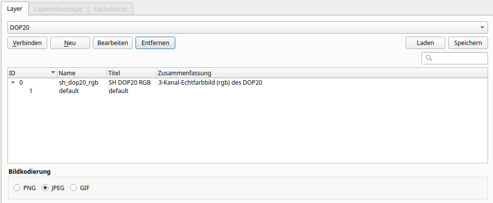 Fenster der Datenquellenverwaltung in QGIS, Tab &amp;ldquo;Layer&amp;rdquo;. Es ist ein Layer &amp;ldquo;sh_dop20_rgb&amp;rdquo; vorhanden. Bei der Bildkodierung ist JPEG ausgewählt.