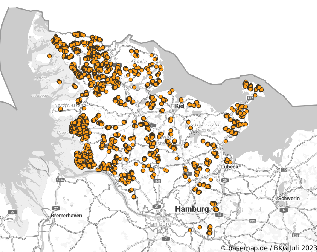 Karte, die Punkte in Schleswig-Holstein. Ein Schwerpunkt ist an das Nordseeküste (Festland) sowie in Ostholstein nahe und auf Fehmarn zu erkennen.