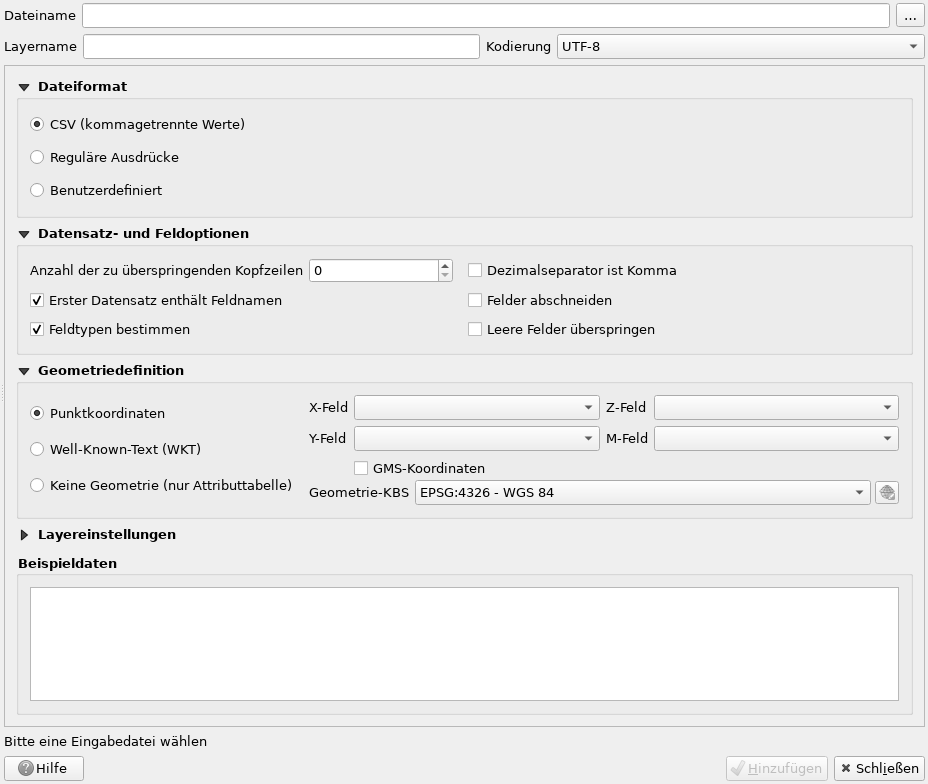 Screenshot des CSV-Import-Fensters von QGIS