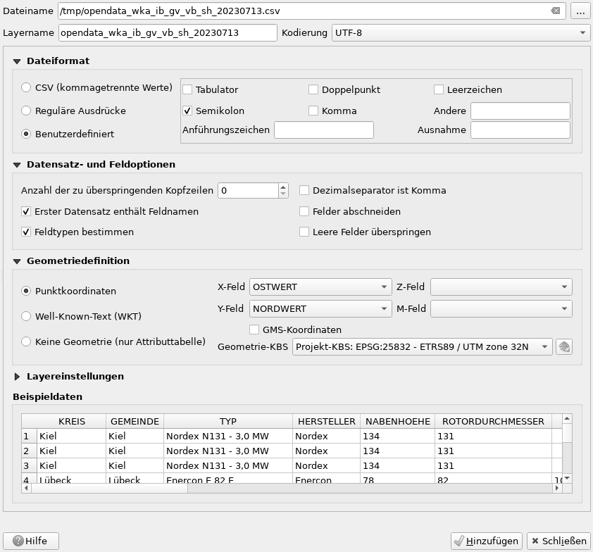 Screenshot des CSV-Import-Fensters von QGIS mit den eben beschriebenen Einstellungen