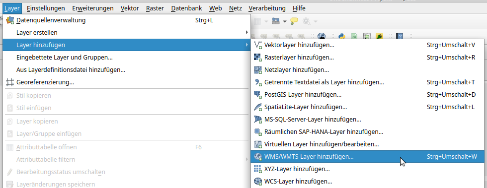 Screenshot, der den Menüweg Layer* → Layer hinzufügen → WMS/WMTS-Layer hinzufügen… zeigt