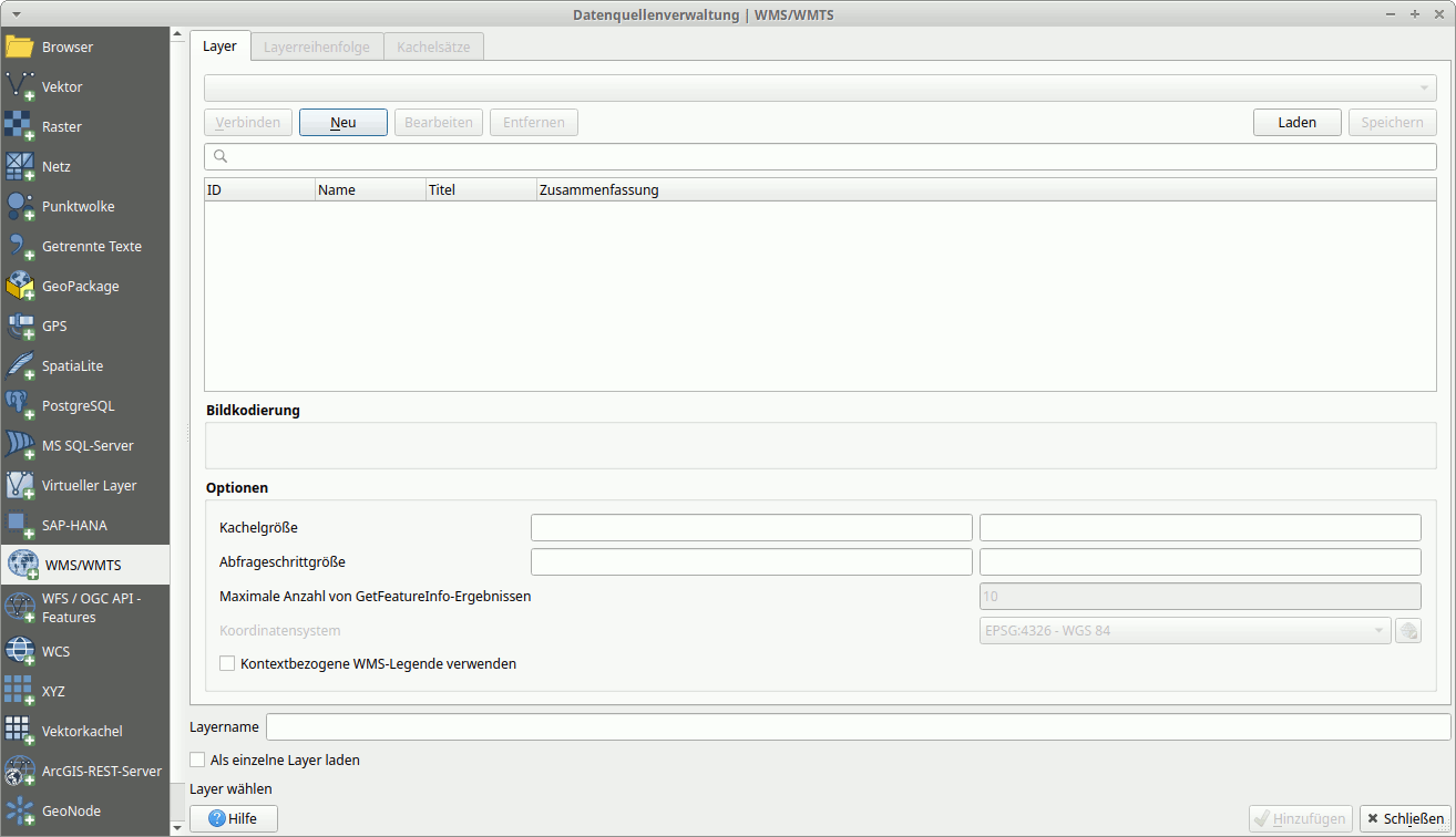 Screenshot der Datenquellenverwaltung. Es ist der Bereich WMS/WMTS aktiv, man erkennt einen Knopf &amp;ldquo;Neu&amp;rdquo;