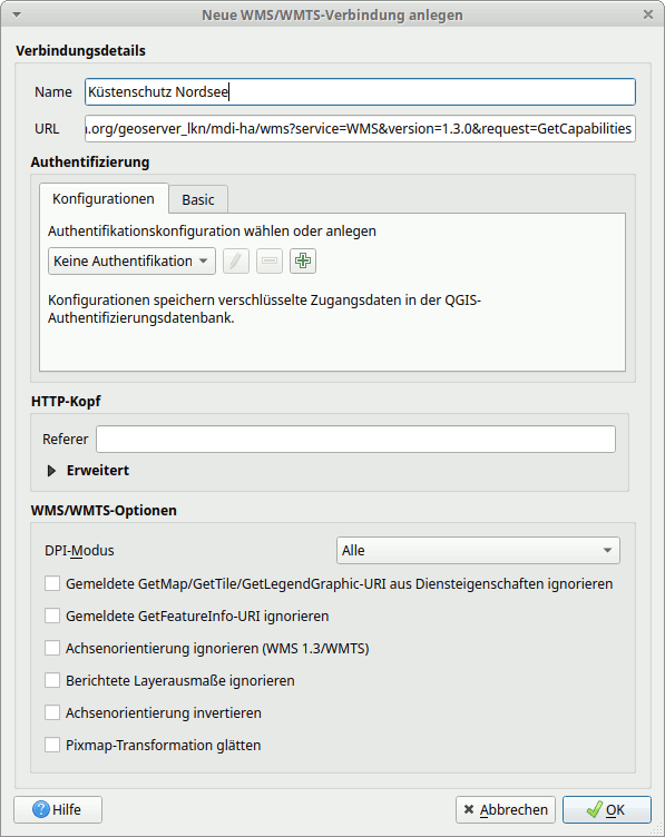 Screenshot des Dialogs zum Anlegen einer neuen WMS-Verbindung. Im Feld &amp;ldquo;Name&amp;rdquo; steht &amp;ldquo;Küstenschutz Nordsee&amp;rdquo;, im Feld &amp;ldquo;URL&amp;rdquo; erkennt man Teile einer komplexen Adresse