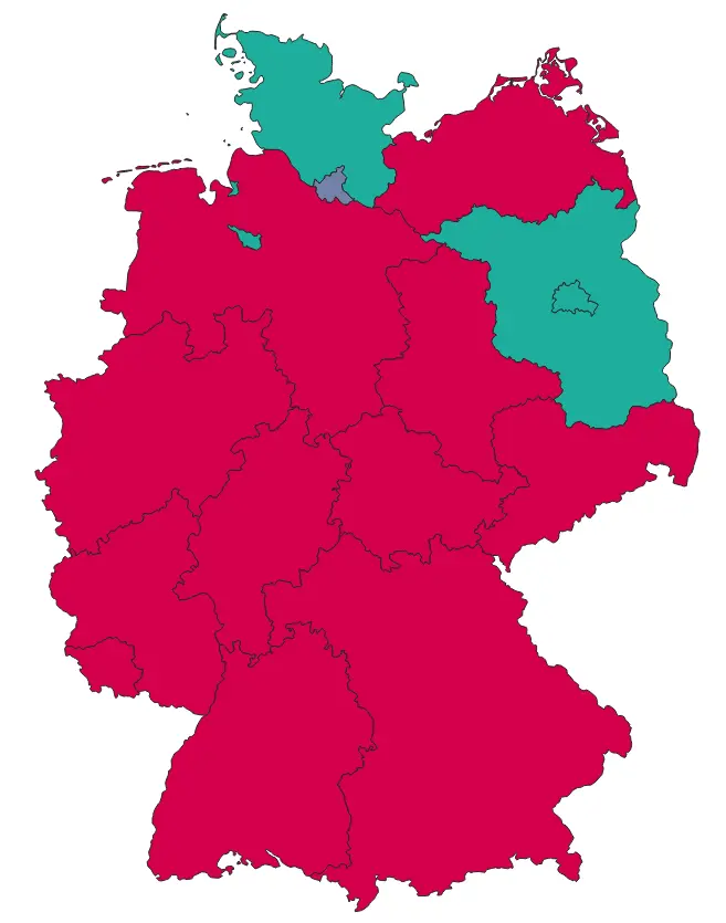 Karte von Deutschland mit den Grenzen der Bundesländer. Fast alle Länder sind rot markiert. Nur Berlin, Brandenburg, Bremen und Schleswig-Holstein sind grün. Hamburg ist grau.